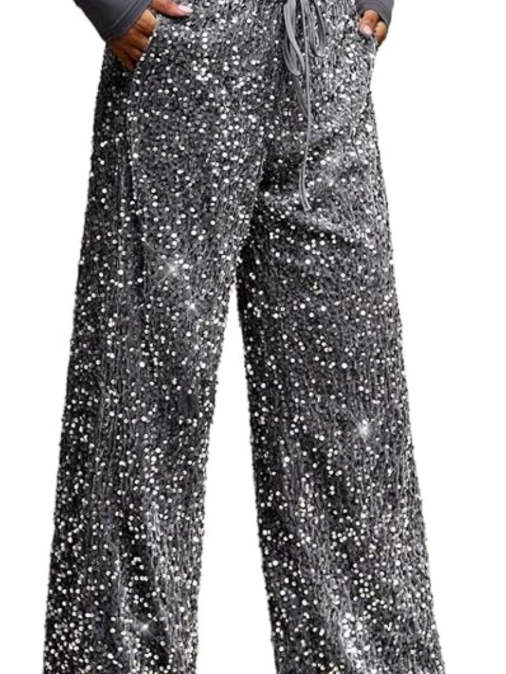 Women Elastic High Waisted Sequin Wide Leg Pants Chic Sparkly Pants